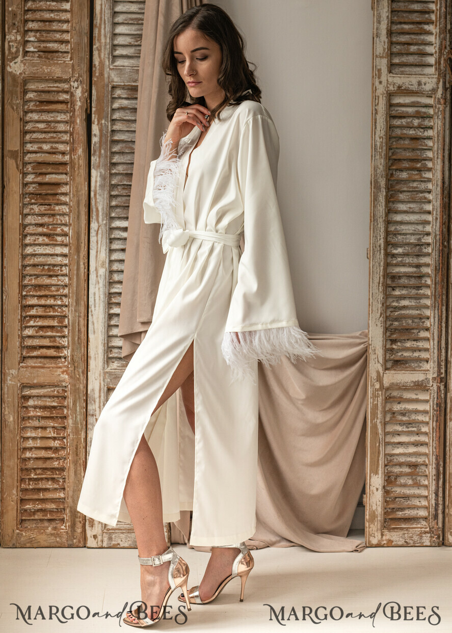 BRIDE bolero, robes, garter Bridal Robes Bridal robe for wedding with kimono feathers sleeves Bride robe Long white or Ivory robe Satin silk boudoir robe Dressing gown