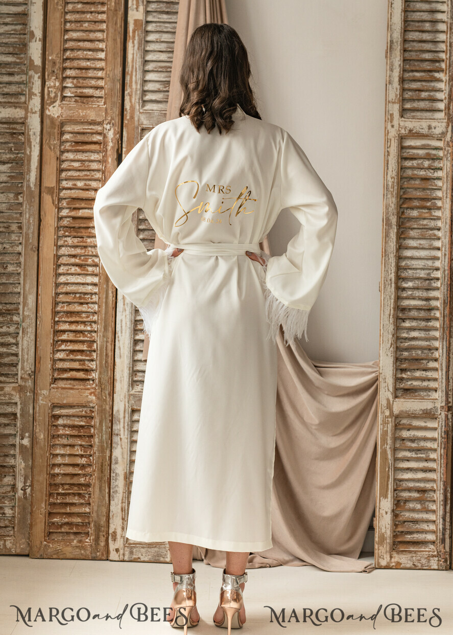 BRIDE bolero, robes, garter Bridal Robes Bridal robe for wedding with kimono feathers sleeves Bride robe Long white or Ivory robe Satin silk boudoir robe Dressing gown