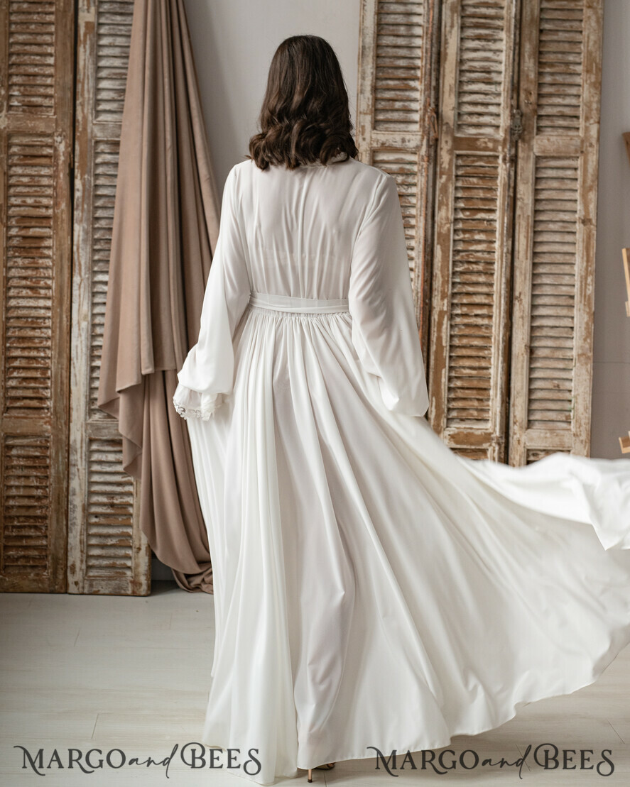 BRIDE bolero, robes, garter Bridal Robes Long Bridal robe for wedding with wide sleeves & Lace, Silk Bride robe Long white robe Satin silk boudoir robe Dressing gown Bridesmaid gift