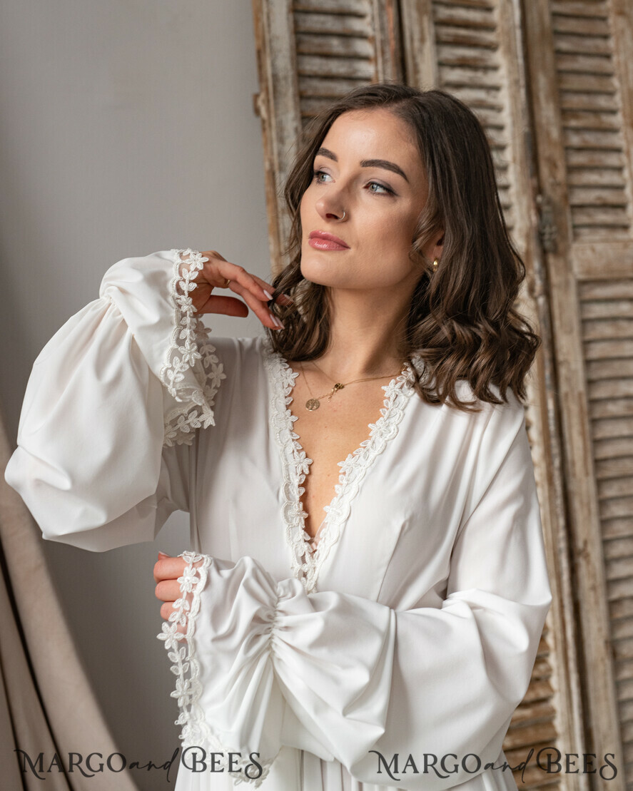 BRIDE bolero, robes, garter Bridal Robes Long Bridal robe for wedding with wide sleeves & Lace, Silk Bride robe Long white robe Satin silk boudoir robe Dressing gown Bridesmaid gift