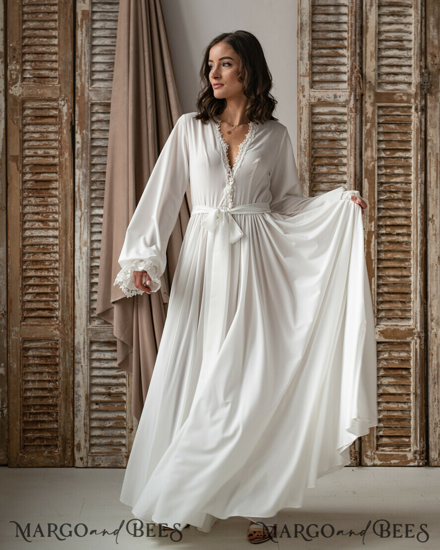 BRIDE bolero, robes, garter Bridal Robes Long Bridal robe for wedding with wide sleeves & Lace, Silk Bride robe Long white robe Satin silk boudoir robe Dressing gown Bridesmaid gift