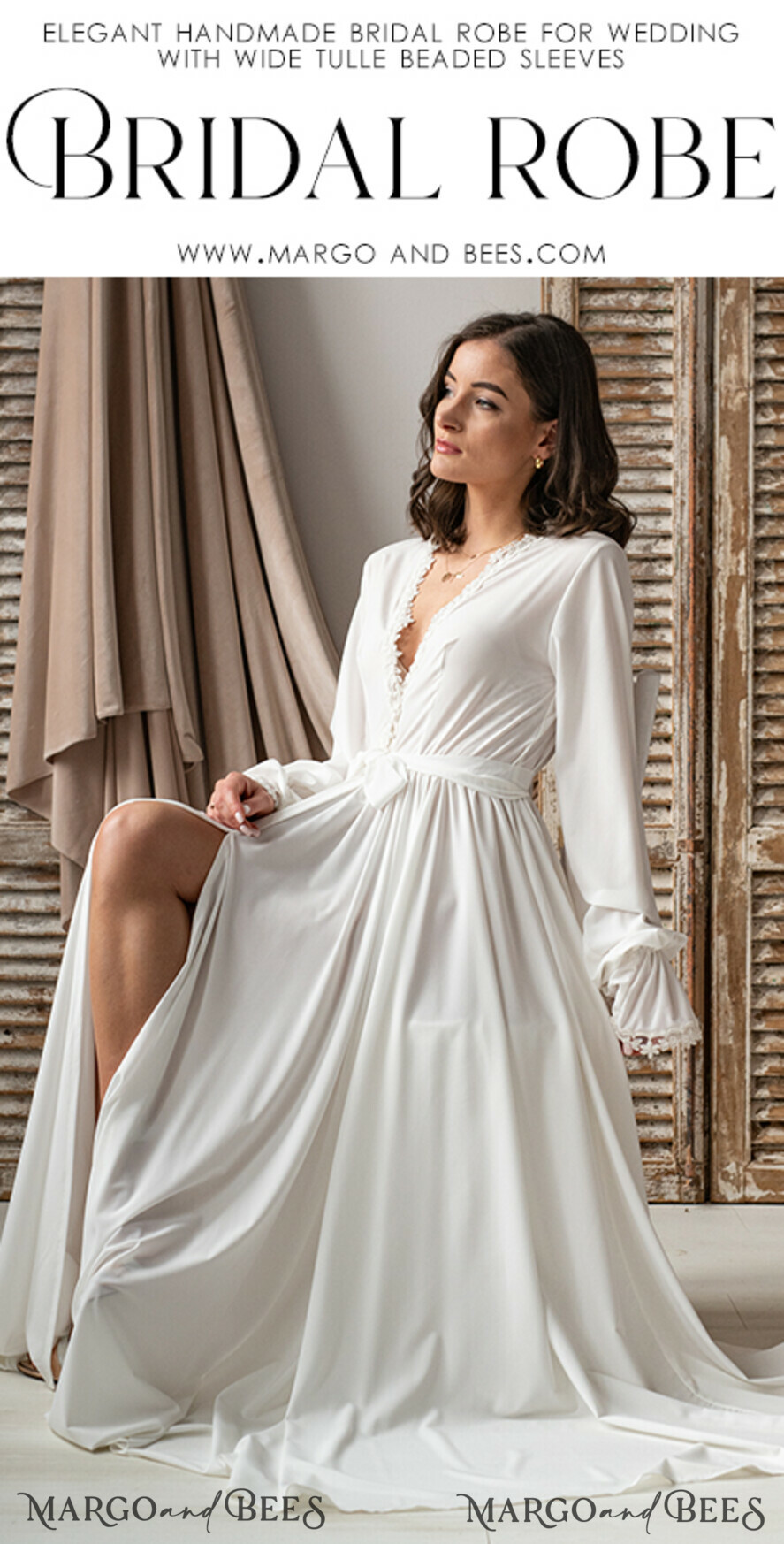BRIDE bolero, robes, garter Bridal Robes Long Bridal robe for wedding with wide sleeves & Lace, Silk Bride robe Long white robe Satin silk boudoir robe Dressing gown Bridesmaid gift