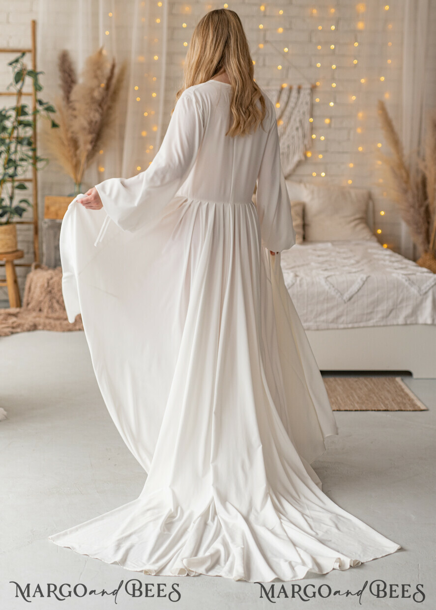 BRIDE bolero, robes, garter Bridal Robes Long Bridal robe for wedding with Train, Robe wide sleeves, Silk Bride robe Long white robe silky boudoir robe Dressing gown Bridesmaid gift
