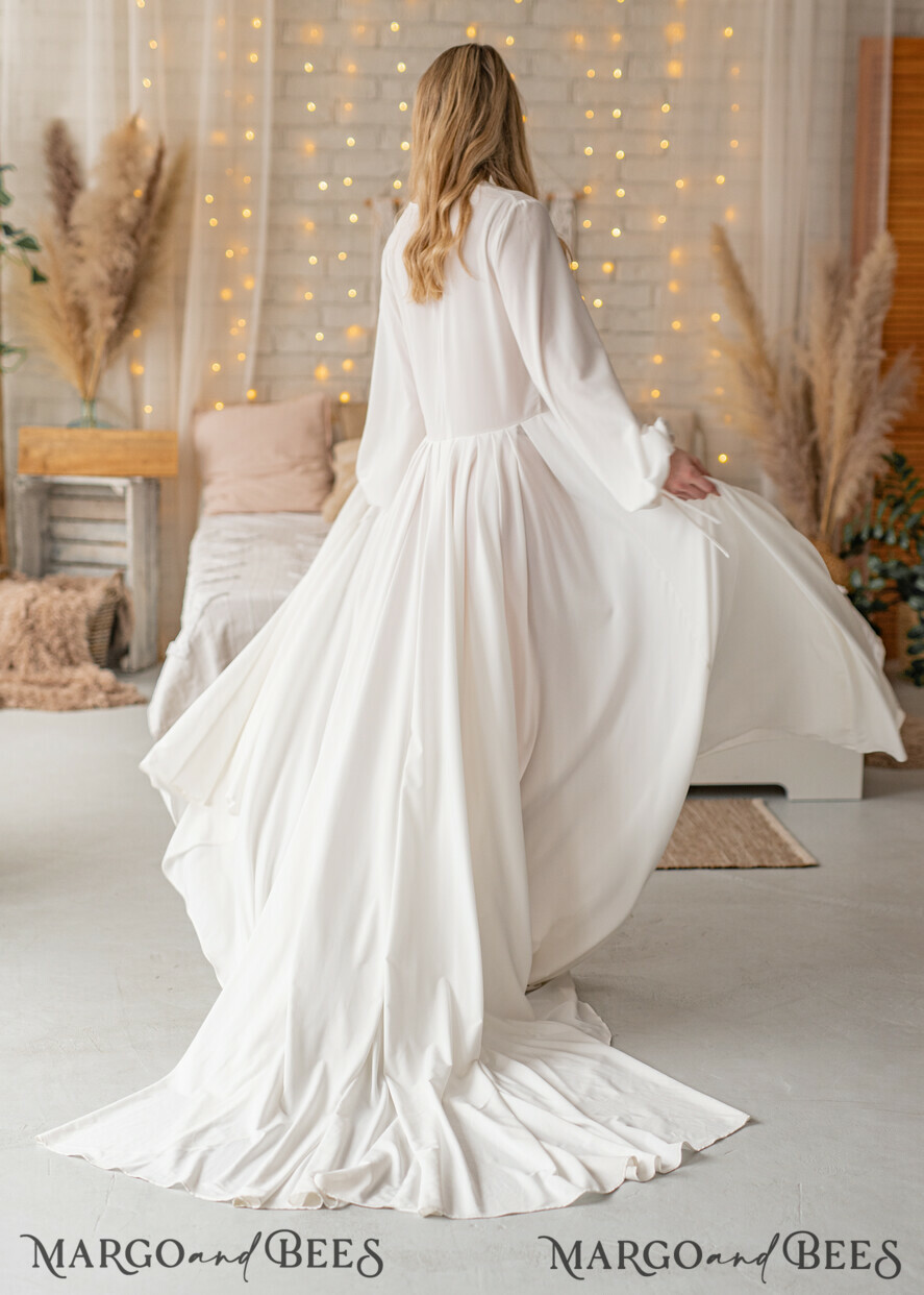 BRIDE bolero, robes, garter Bridal Robes Long Bridal robe for wedding with Train, Robe wide sleeves, Silk Bride robe Long white robe silky boudoir robe Dressing gown Bridesmaid gift