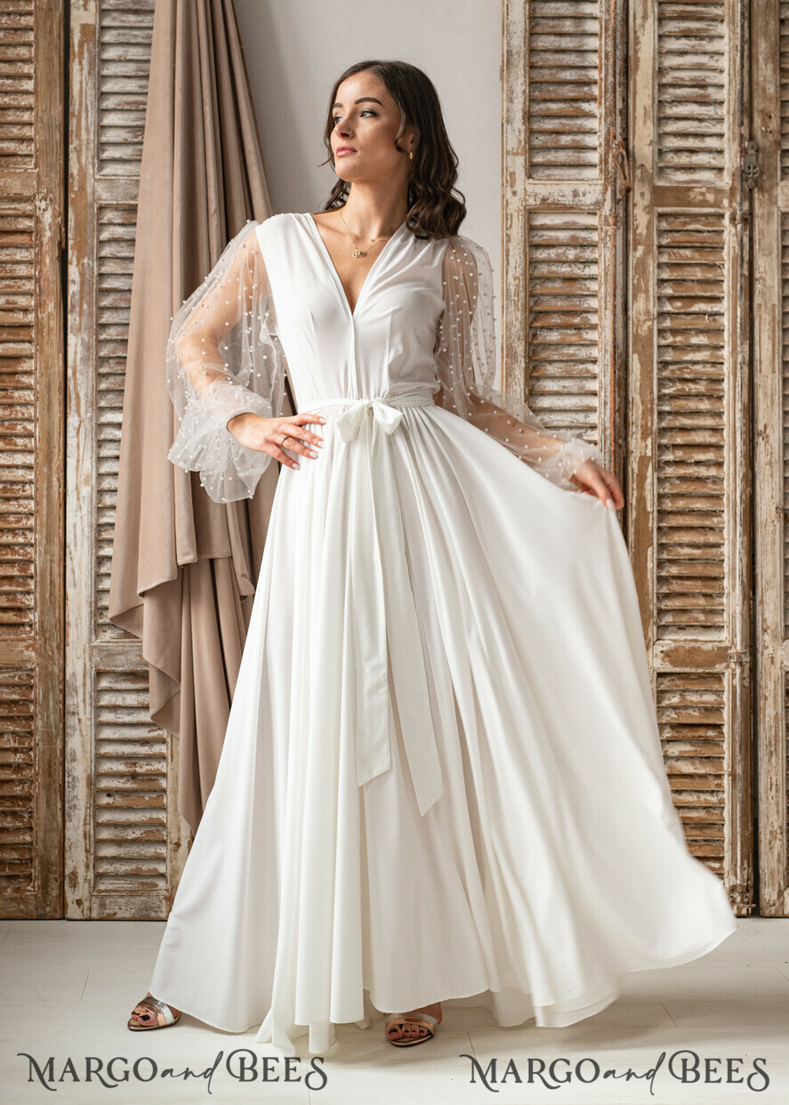 BRIDE bolero, robes, garter Bridal Robes Long Bridal robe for wedding with wide tulle sleeves, Silk Bride robe Long white robe Satin silk boudoir robe Dressing gown Bridesmaid gift