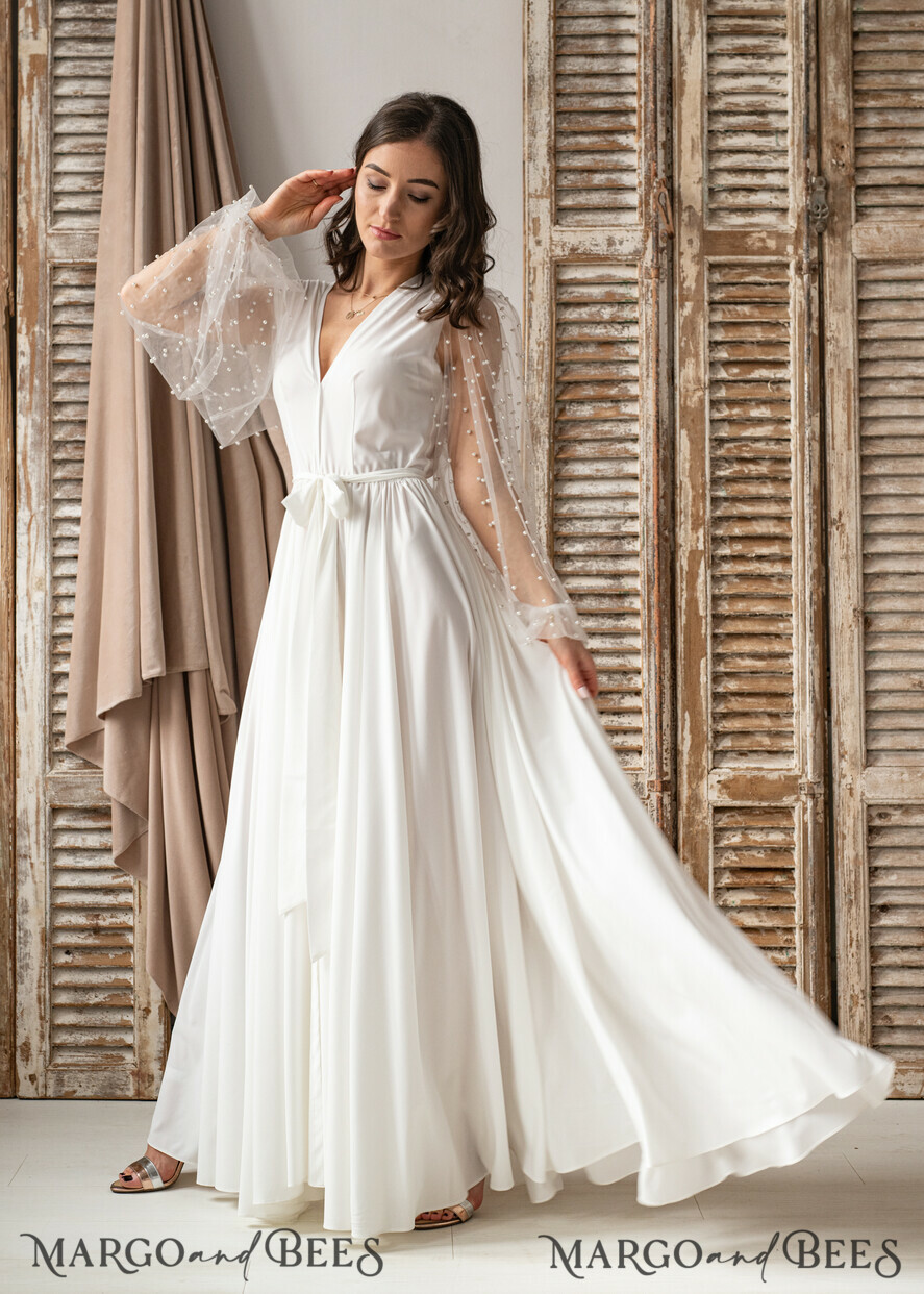 BRIDE bolero, robes, garter Bridal Robes Long Bridal robe for wedding with wide tulle sleeves, Silk Bride robe Long white robe Satin silk boudoir robe Dressing gown Bridesmaid gift