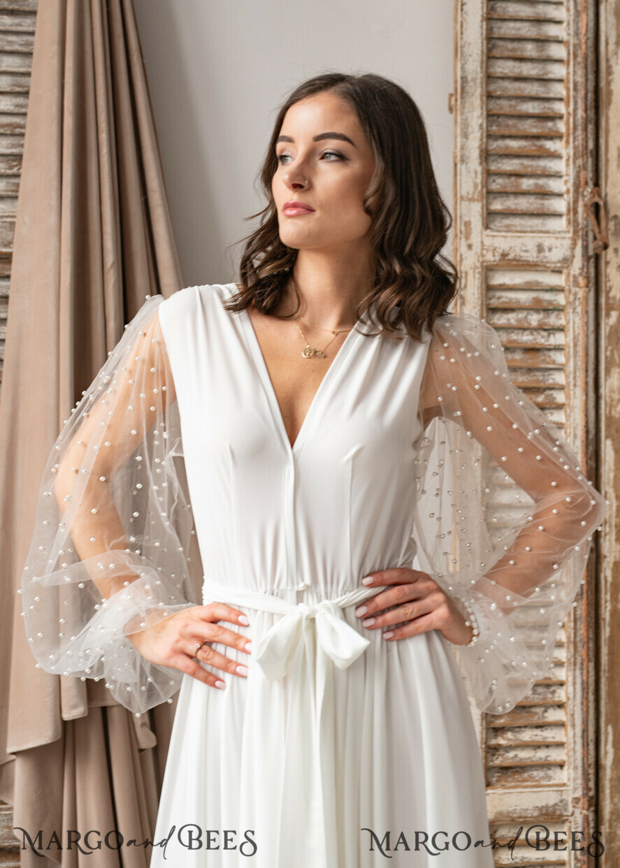 BRIDE bolero, robes, garter Bridal Robes Long Bridal robe for wedding with wide tulle sleeves, Silk Bride robe Long white robe Satin silk boudoir robe Dressing gown Bridesmaid gift