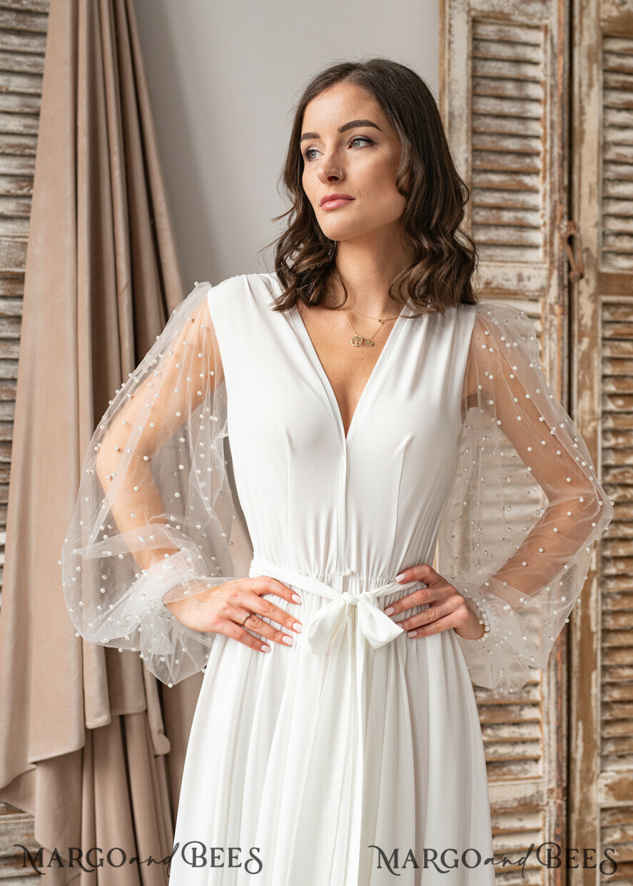 BRIDE bolero, robes, garter Bridal Robes Long Bridal robe for wedding with wide tulle sleeves, Silk Bride robe Long white robe Satin silk boudoir robe Dressing gown Bridesmaid gift