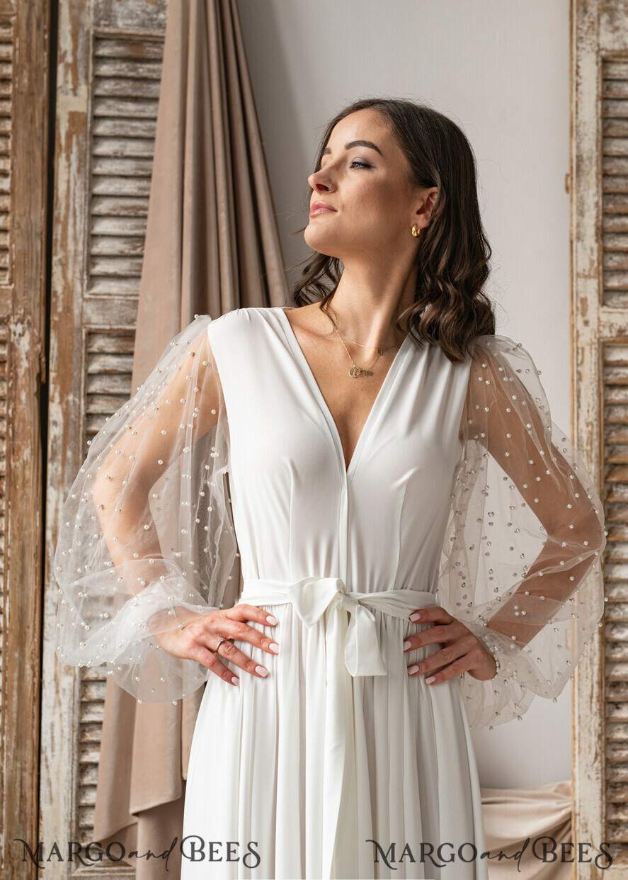 BRIDE bolero, robes, garter Bridal Robes Long Bridal robe for wedding with wide tulle sleeves, Silk Bride robe Long white robe Satin silk boudoir robe Dressing gown Bridesmaid gift