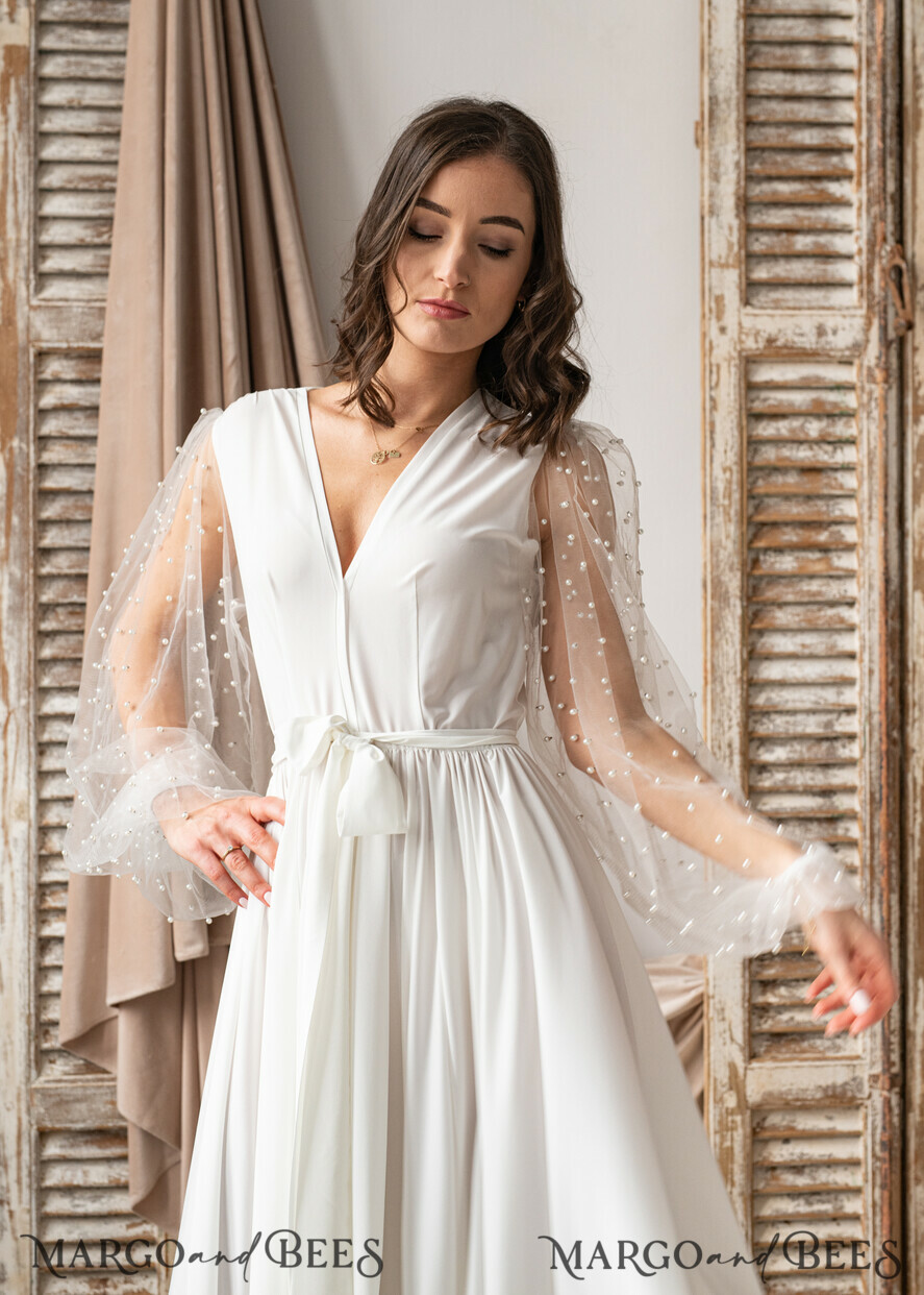 BRIDE bolero, robes, garter Bridal Robes Long Bridal robe for wedding with wide tulle sleeves, Silk Bride robe Long white robe Satin silk boudoir robe Dressing gown Bridesmaid gift