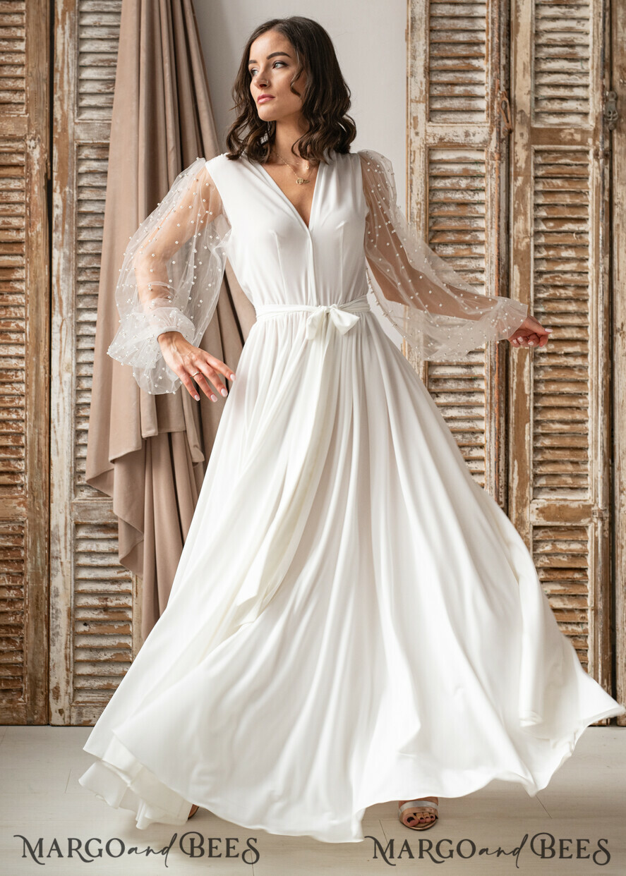 BRIDE bolero, robes, garter Bridal Robes Long Bridal robe for wedding with wide tulle sleeves, Silk Bride robe Long white robe Satin silk boudoir robe Dressing gown Bridesmaid gift