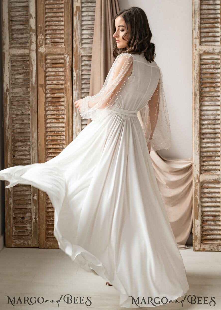 BRIDE bolero, robes, garter Bridal Robes Long Bridal robe for wedding with wide tulle sleeves, Silk Bride robe Long white robe Satin silk boudoir robe Dressing gown Bridesmaid gift