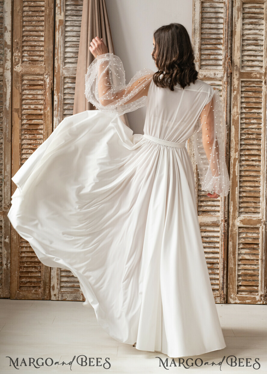 BRIDE bolero, robes, garter Bridal Robes Long Bridal robe for wedding with wide tulle sleeves, Silk Bride robe Long white robe Satin silk boudoir robe Dressing gown Bridesmaid gift