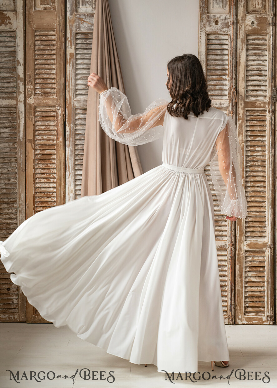 BRIDE bolero, robes, garter Bridal Robes Long Bridal robe for wedding with wide tulle sleeves, Silk Bride robe Long white robe Satin silk boudoir robe Dressing gown Bridesmaid gift