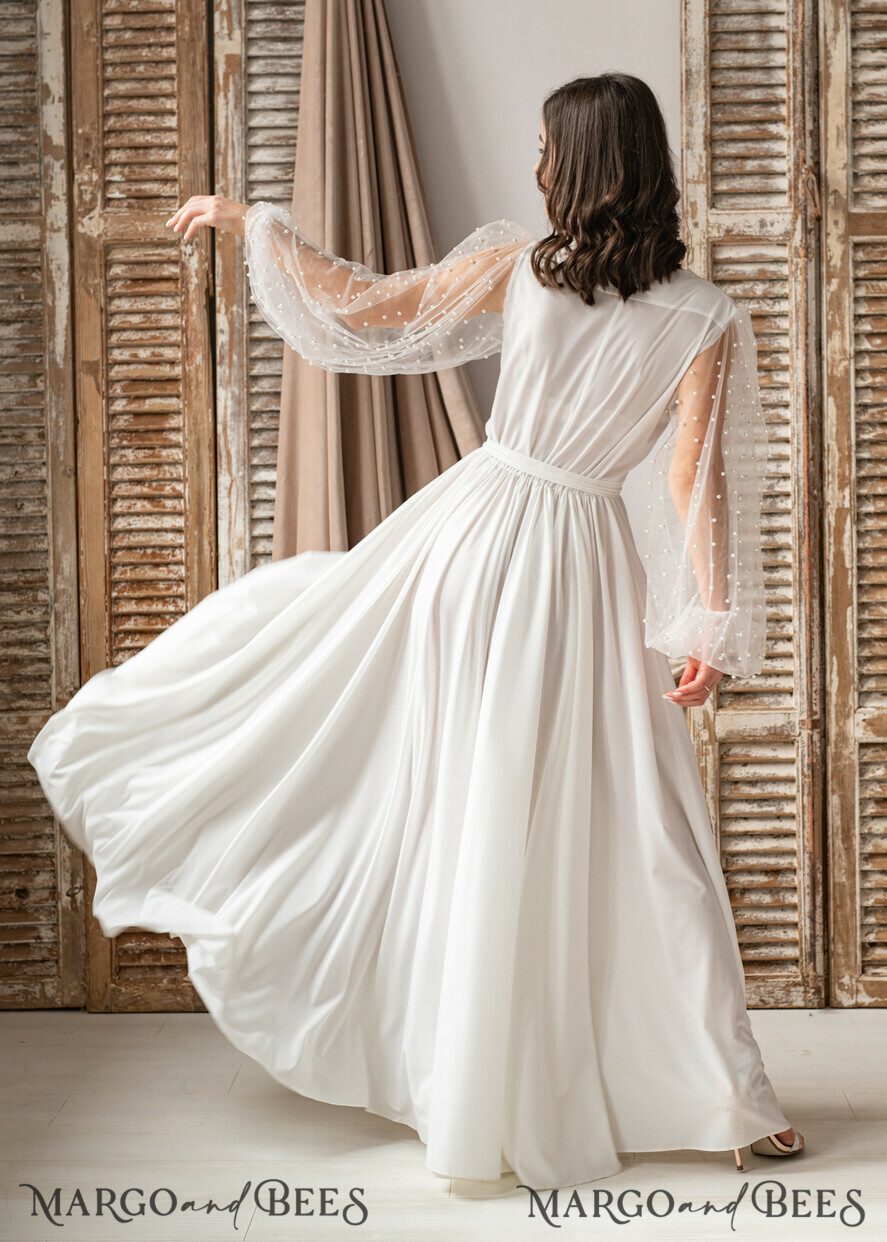 BRIDE bolero, robes, garter Bridal Robes Long Bridal robe for wedding with wide tulle sleeves, Silk Bride robe Long white robe Satin silk boudoir robe Dressing gown Bridesmaid gift