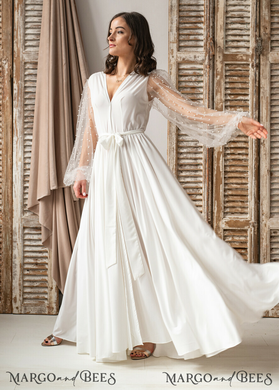 BRIDE bolero, robes, garter Bridal Robes Long Bridal robe for wedding with wide tulle sleeves, Silk Bride robe Long white robe Satin silk boudoir robe Dressing gown Bridesmaid gift