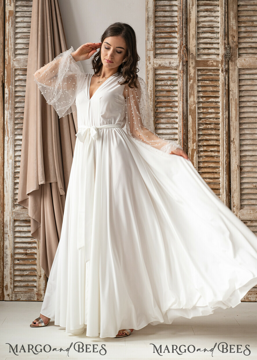 BRIDE bolero, robes, garter Bridal Robes Long Bridal robe for wedding with wide tulle sleeves, Silk Bride robe Long white robe Satin silk boudoir robe Dressing gown Bridesmaid gift