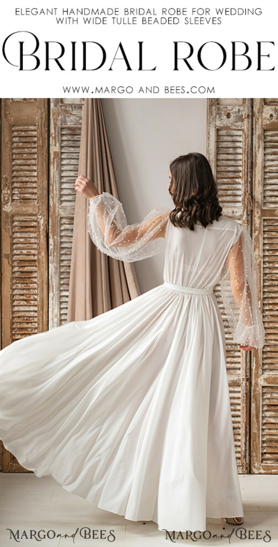 BRIDE bolero, robes, garter Bridal Robes Long Bridal robe for wedding with wide tulle sleeves, Silk Bride robe Long white robe Satin silk boudoir robe Dressing gown Bridesmaid gift