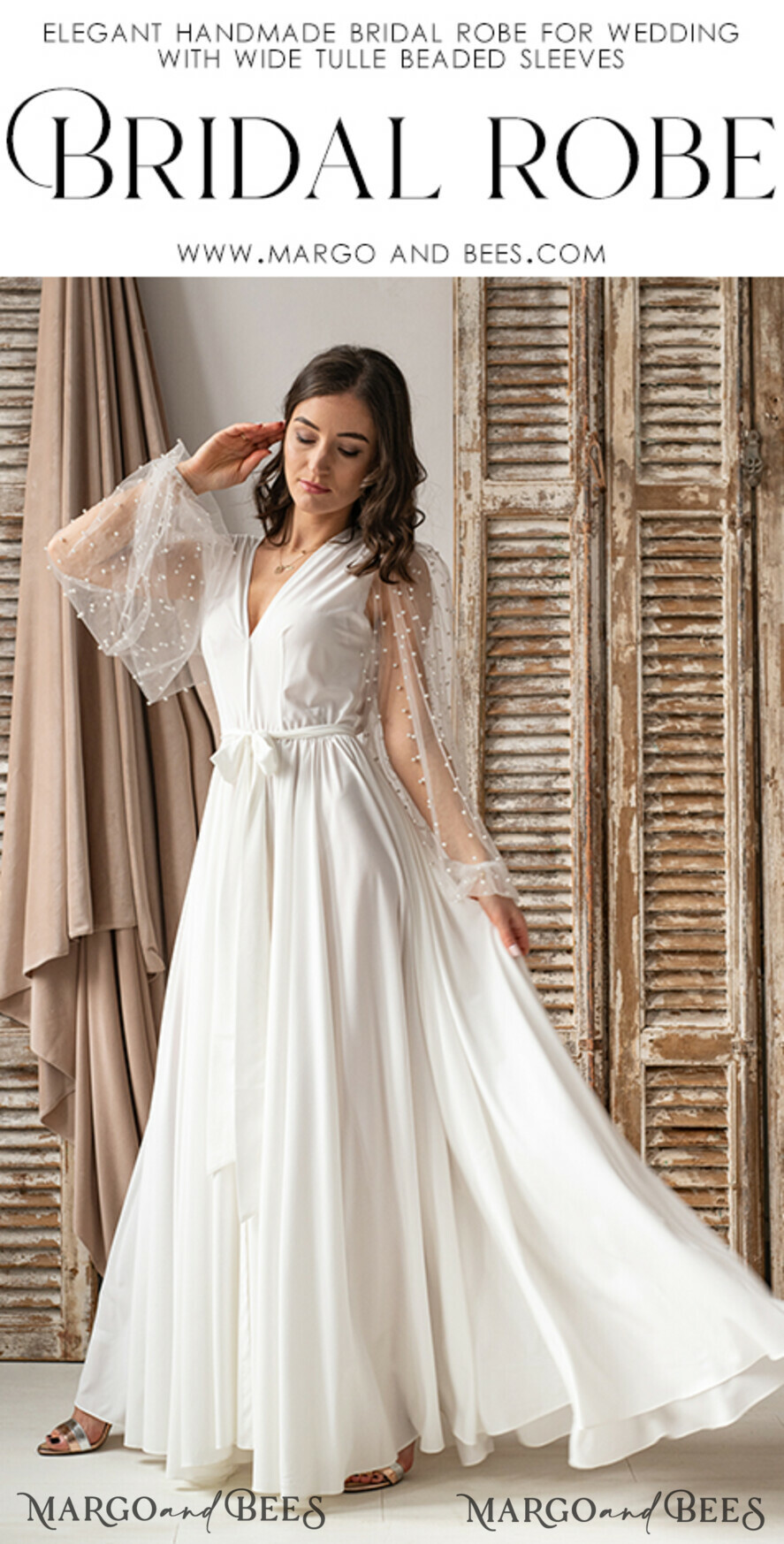 BRIDE bolero, robes, garter Bridal Robes Long Bridal robe for wedding with wide tulle sleeves, Silk Bride robe Long white robe Satin silk boudoir robe Dressing gown Bridesmaid gift