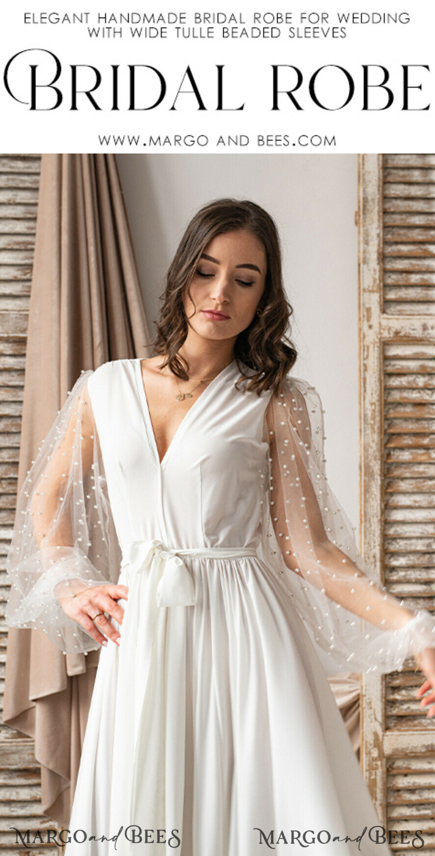 BRIDE bolero, robes, garter Bridal Robes Long Bridal robe for wedding with wide tulle sleeves, Silk Bride robe Long white robe Satin silk boudoir robe Dressing gown Bridesmaid gift