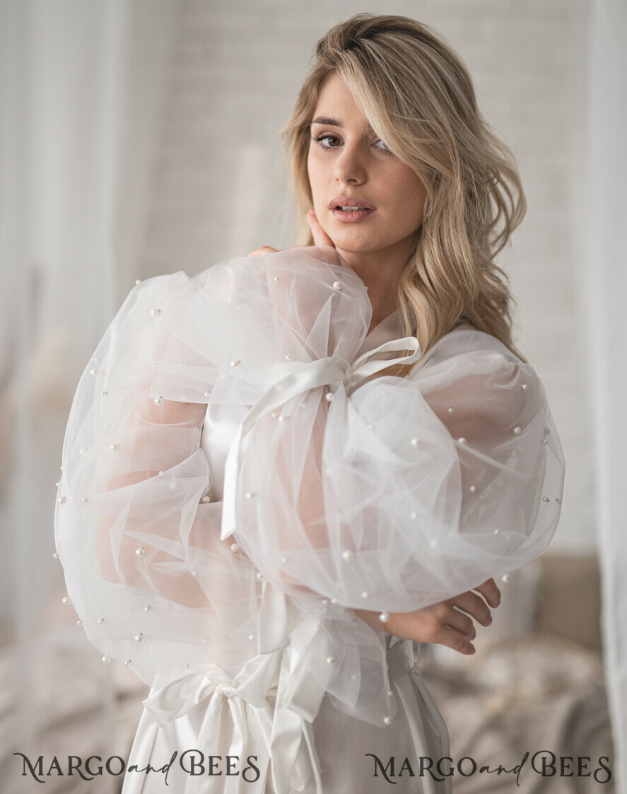 BRIDE bolero, robes, garter Bridal Robes Custom bride robe & Nightgown Set, Long bridal robe with tulle, Custom Sexy boudoir robe, maxi bride puff sleeve get ready robe, hen party