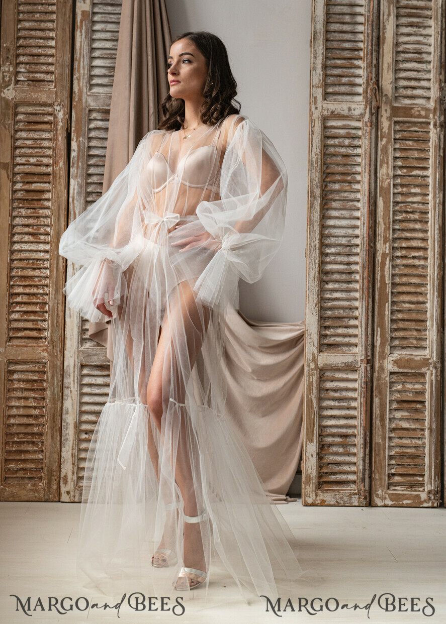 BRIDE bolero, robes, garter Bridal Robes Bridal robe for wedding with wide tulle sleeves Bride robe Long white robe Satin silk boudoir robe Dressing gown Bridesmaid gift
