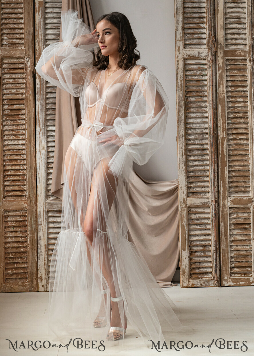 BRIDE bolero, robes, garter Bridal Robes Bridal robe for wedding with wide tulle sleeves Bride robe Long white robe Satin silk boudoir robe Dressing gown Bridesmaid gift