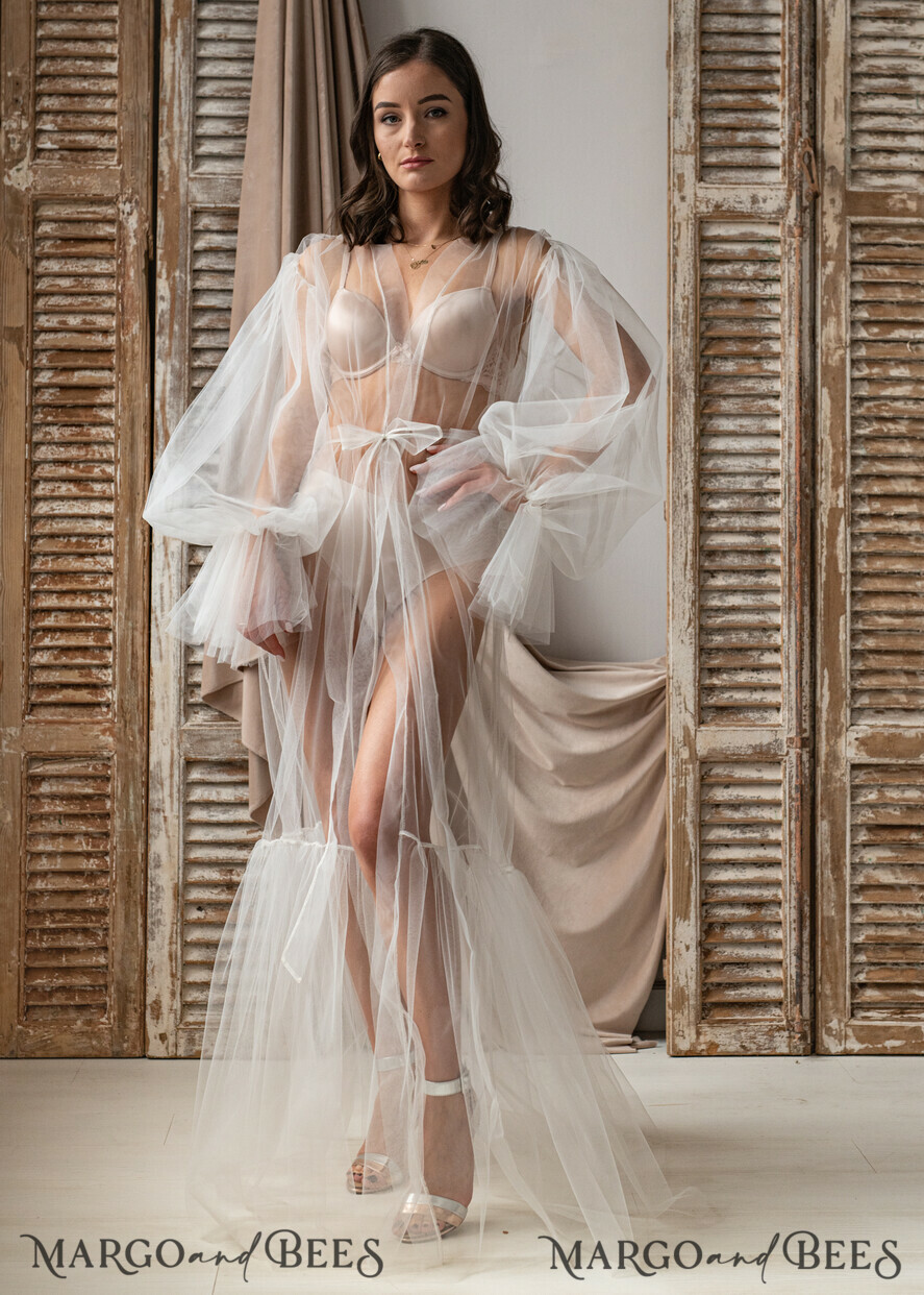 BRIDE bolero, robes, garter Bridal Robes Bridal robe for wedding with wide tulle sleeves Bride robe Long white robe Satin silk boudoir robe Dressing gown Bridesmaid gift