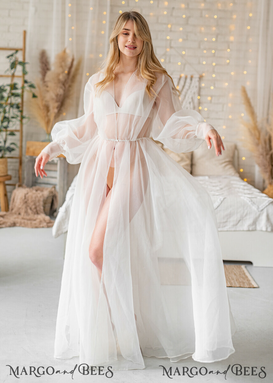 BRIDE bolero, robes, garter Bridal Robes Bridal robe for wedding with bishop sleeves Bride robe Long white robe organza boudoir robe Dressing gown Bridesmaid gift