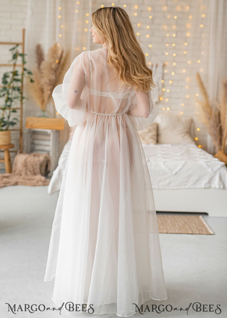 BRIDE bolero, robes, garter Bridal Robes Bridal robe for wedding with bishop sleeves Bride robe Long white robe organza boudoir robe Dressing gown Bridesmaid gift