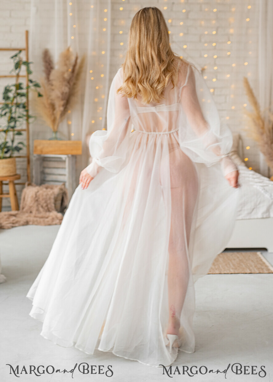 BRIDE bolero, robes, garter Bridal Robes Bridal robe for wedding with bishop sleeves Bride robe Long white robe organza boudoir robe Dressing gown Bridesmaid gift