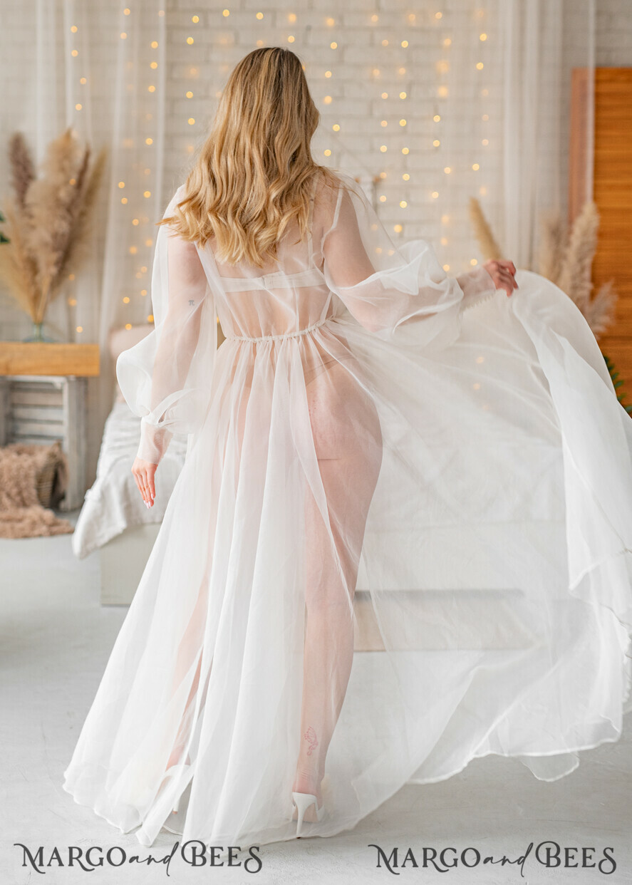 BRIDE bolero, robes, garter Bridal Robes Bridal robe for wedding with bishop sleeves Bride robe Long white robe organza boudoir robe Dressing gown Bridesmaid gift