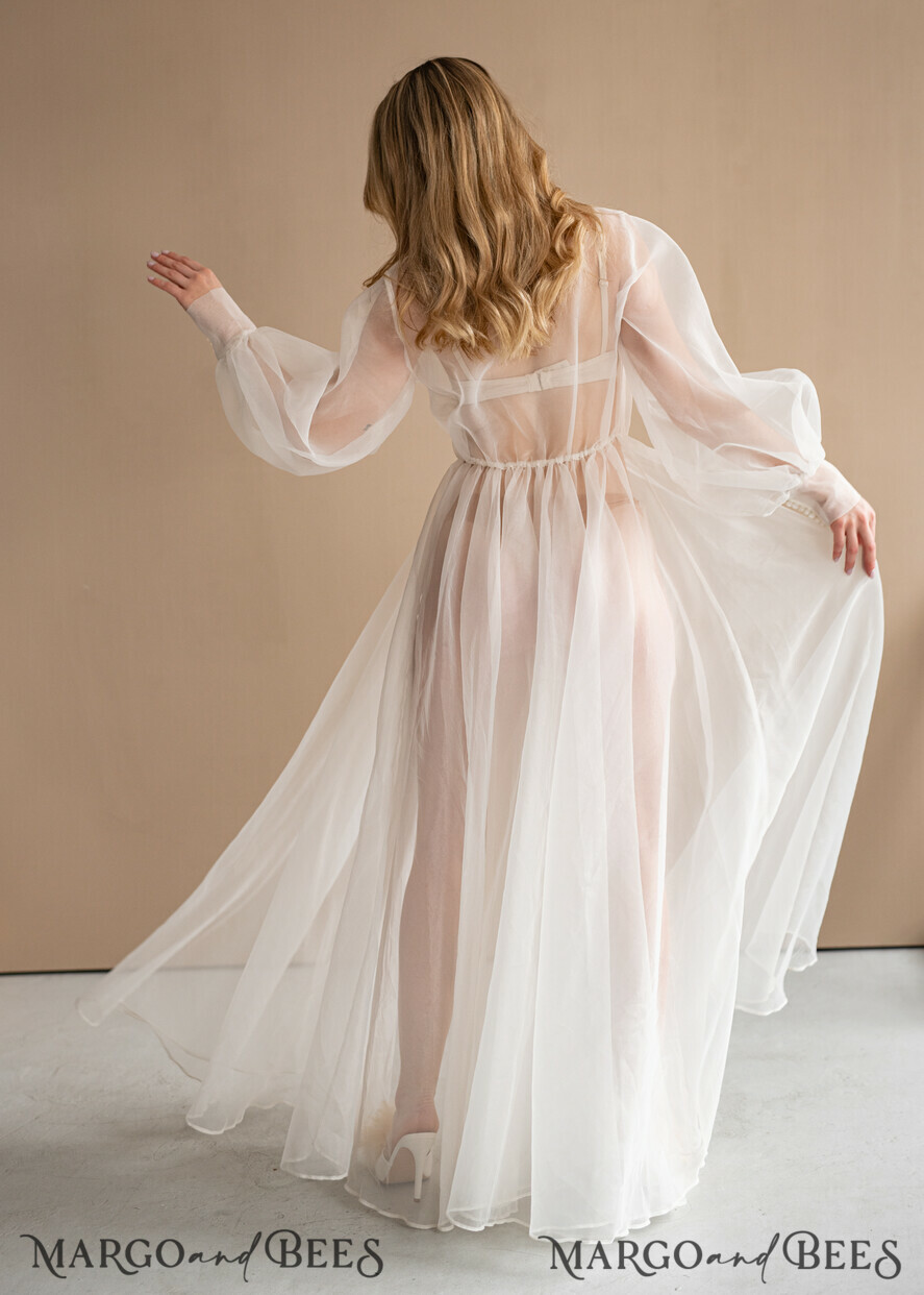 BRIDE bolero, robes, garter Bridal Robes Bridal robe for wedding with bishop sleeves Bride robe Long white robe organza boudoir robe Dressing gown Bridesmaid gift