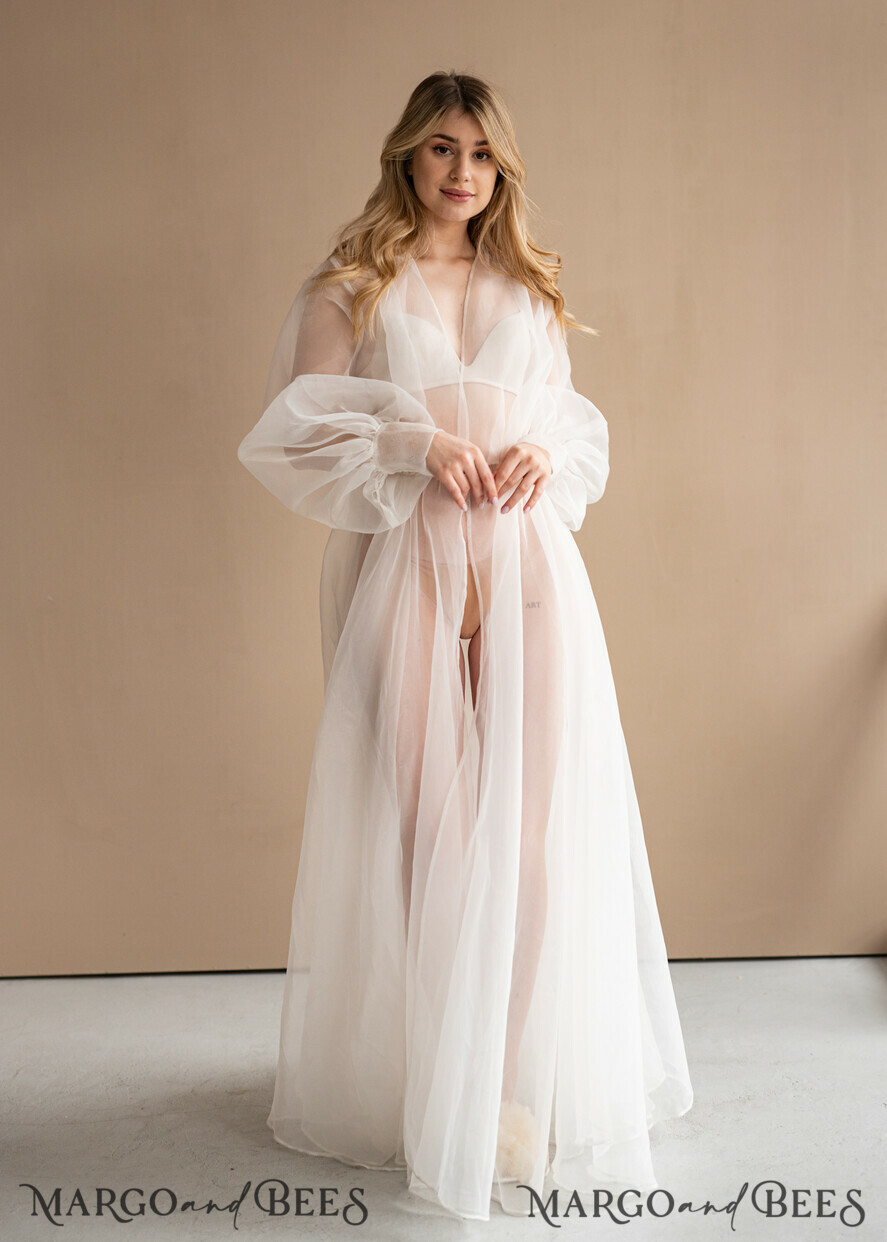 BRIDE bolero, robes, garter Bridal Robes Bridal robe for wedding with bishop sleeves Bride robe Long white robe organza boudoir robe Dressing gown Bridesmaid gift