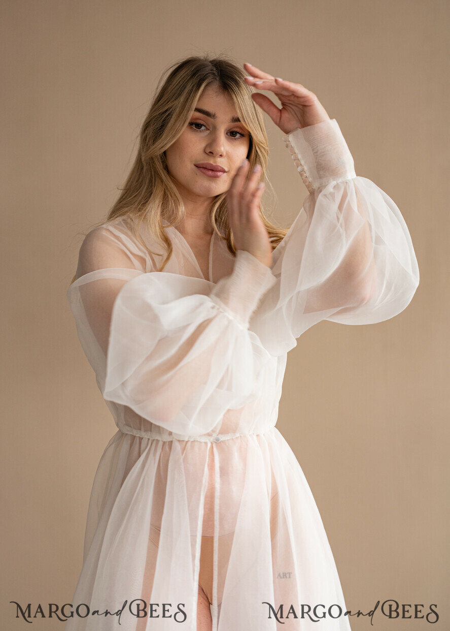BRIDE bolero, robes, garter Bridal Robes Bridal robe for wedding with bishop sleeves Bride robe Long white robe organza boudoir robe Dressing gown Bridesmaid gift