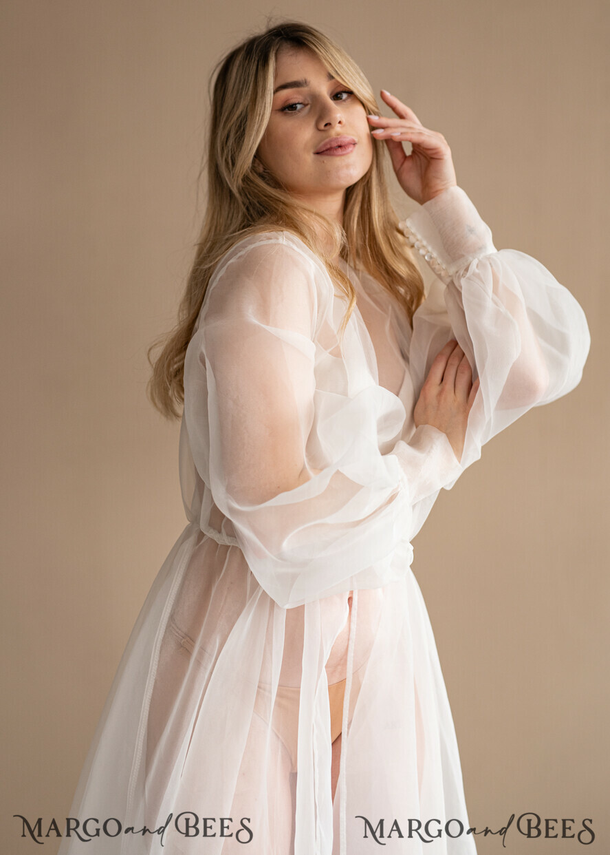 BRIDE bolero, robes, garter Bridal Robes Bridal robe for wedding with bishop sleeves Bride robe Long white robe organza boudoir robe Dressing gown Bridesmaid gift
