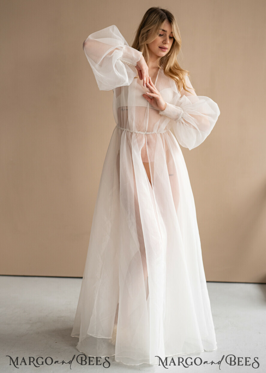 BRIDE bolero, robes, garter Bridal Robes Bridal robe for wedding with bishop sleeves Bride robe Long white robe organza boudoir robe Dressing gown Bridesmaid gift