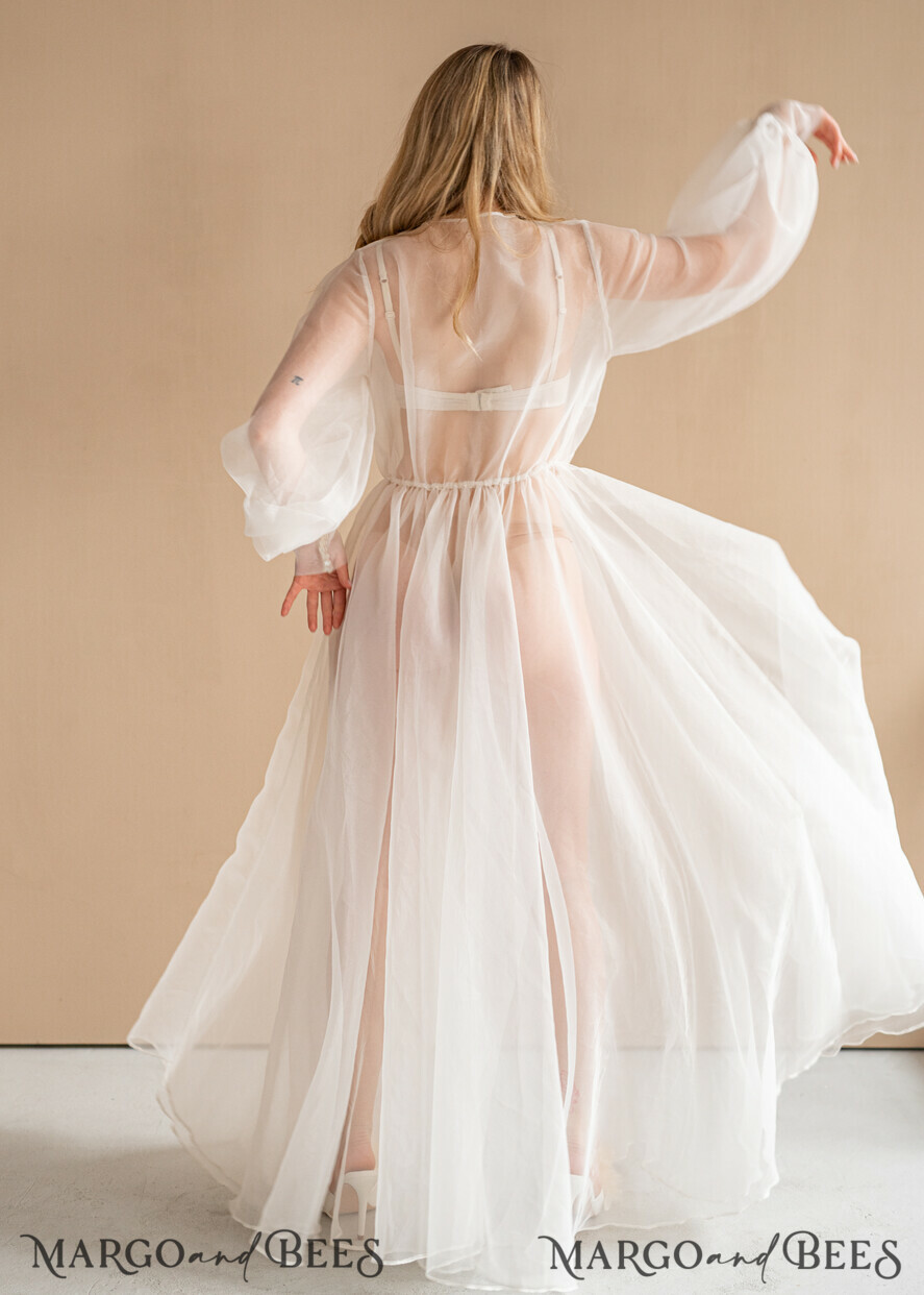 BRIDE bolero, robes, garter Bridal Robes Bridal robe for wedding with bishop sleeves Bride robe Long white robe organza boudoir robe Dressing gown Bridesmaid gift
