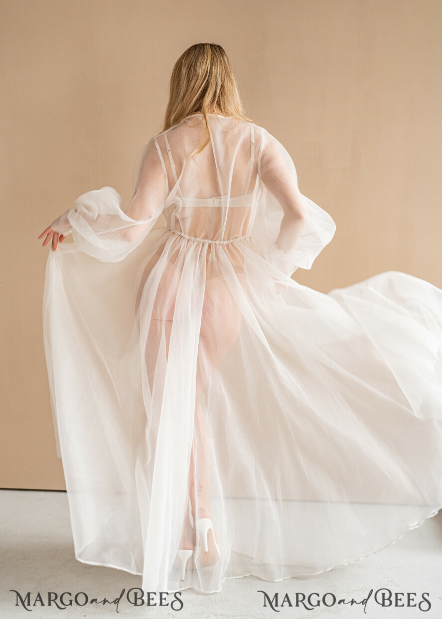 BRIDE bolero, robes, garter Bridal Robes Bridal robe for wedding with bishop sleeves Bride robe Long white robe organza boudoir robe Dressing gown Bridesmaid gift