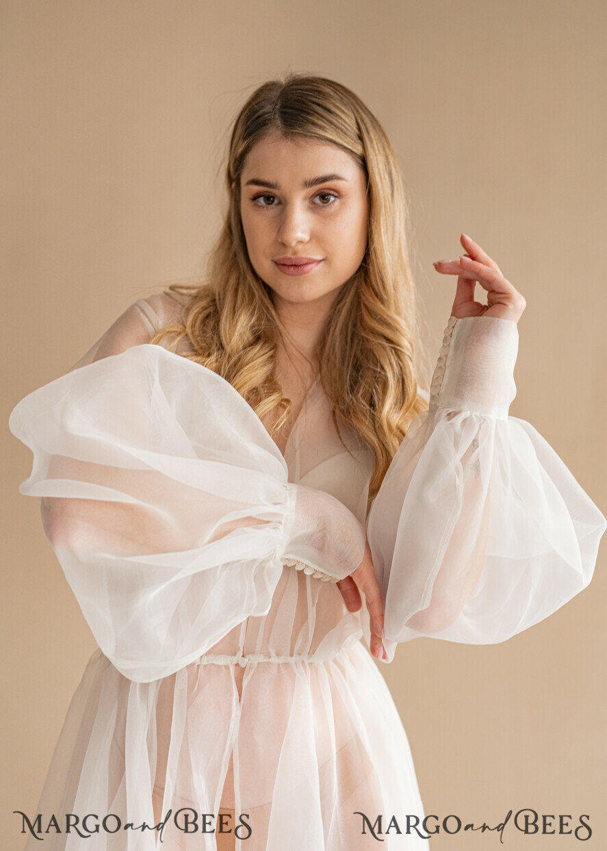 BRIDE bolero, robes, garter Bridal Robes Bridal robe for wedding with bishop sleeves Bride robe Long white robe organza boudoir robe Dressing gown Bridesmaid gift