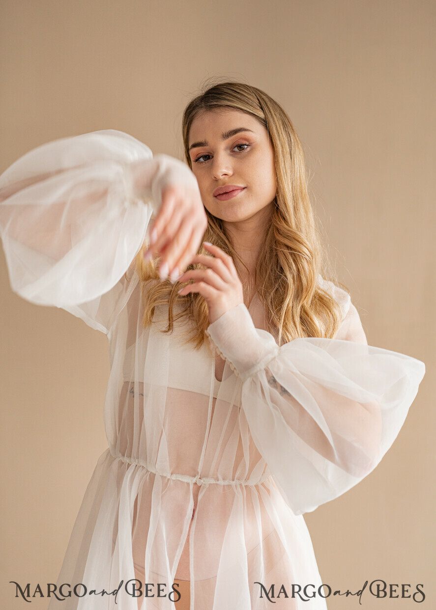BRIDE bolero, robes, garter Bridal Robes Bridal robe for wedding with bishop sleeves Bride robe Long white robe organza boudoir robe Dressing gown Bridesmaid gift