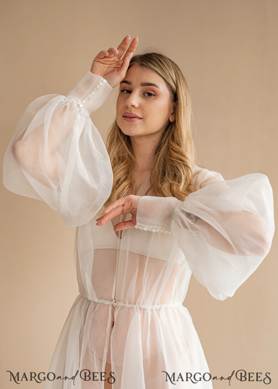 BRIDE bolero, robes, garter Bridal Robes Bridal robe for wedding with bishop sleeves Bride robe Long white robe organza boudoir robe Dressing gown Bridesmaid gift