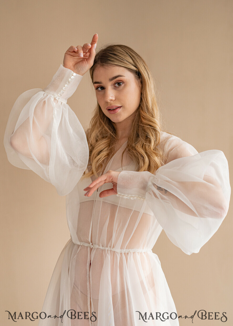 BRIDE bolero, robes, garter Bridal Robes Bridal robe for wedding with bishop sleeves Bride robe Long white robe organza boudoir robe Dressing gown Bridesmaid gift