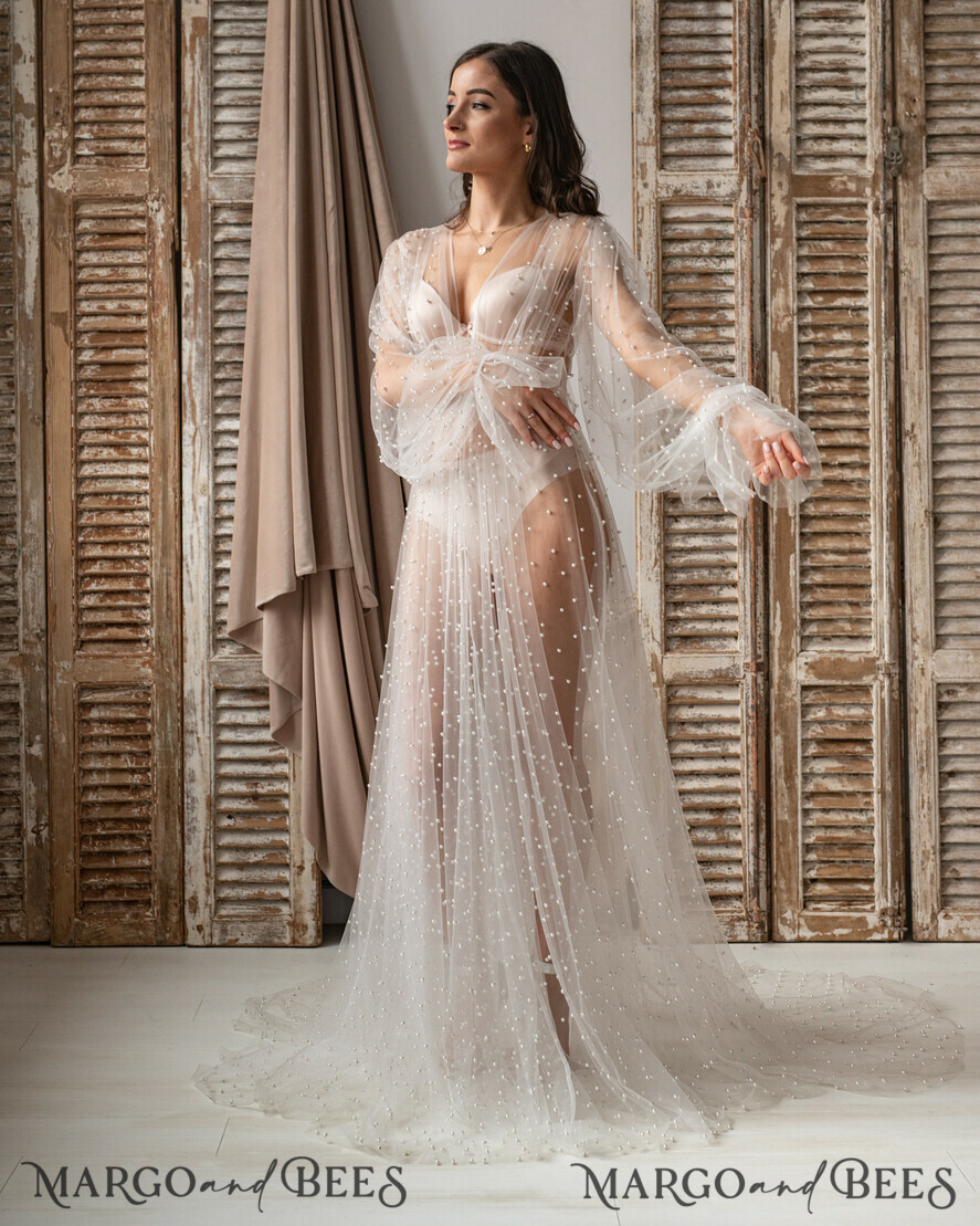 BRIDE bolero, robes, garter Bridal Robes White Tulle with pearls Long Bridal robe for wedding, Tulle Beaded Robe wide sleeves, Mesh Pearls Bride robe Long white robe, boudoir robe Dressing gown Bridesmaid gift