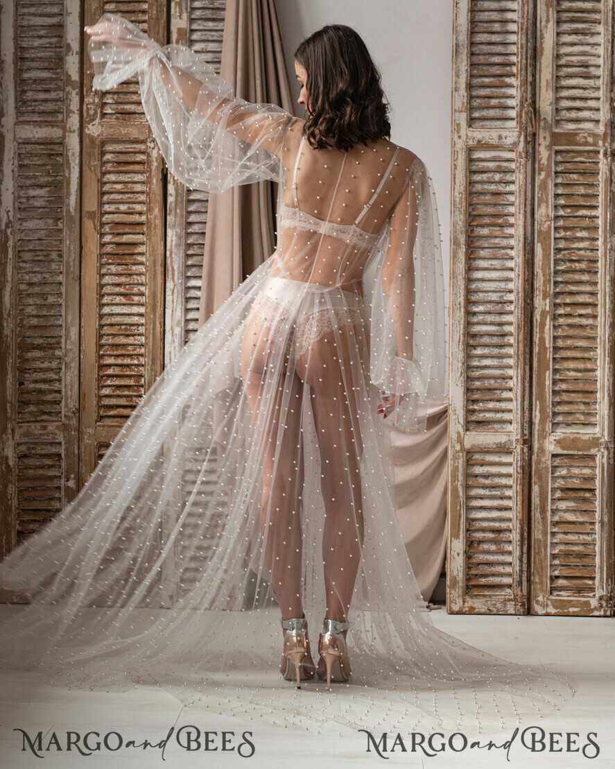 BRIDE bolero, robes, garter Bridal Robes White Tulle with pearls Long Bridal robe for wedding, Tulle Beaded Robe wide sleeves, Mesh Pearls Bride robe Long white robe, boudoir robe Dressing gown Bridesmaid gift
