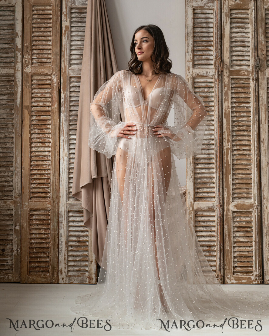 BRIDE bolero, robes, garter Bridal Robes White Tulle with pearls Long Bridal robe for wedding, Tulle Beaded Robe wide sleeves, Mesh Pearls Bride robe Long white robe, boudoir robe Dressing gown Bridesmaid gift