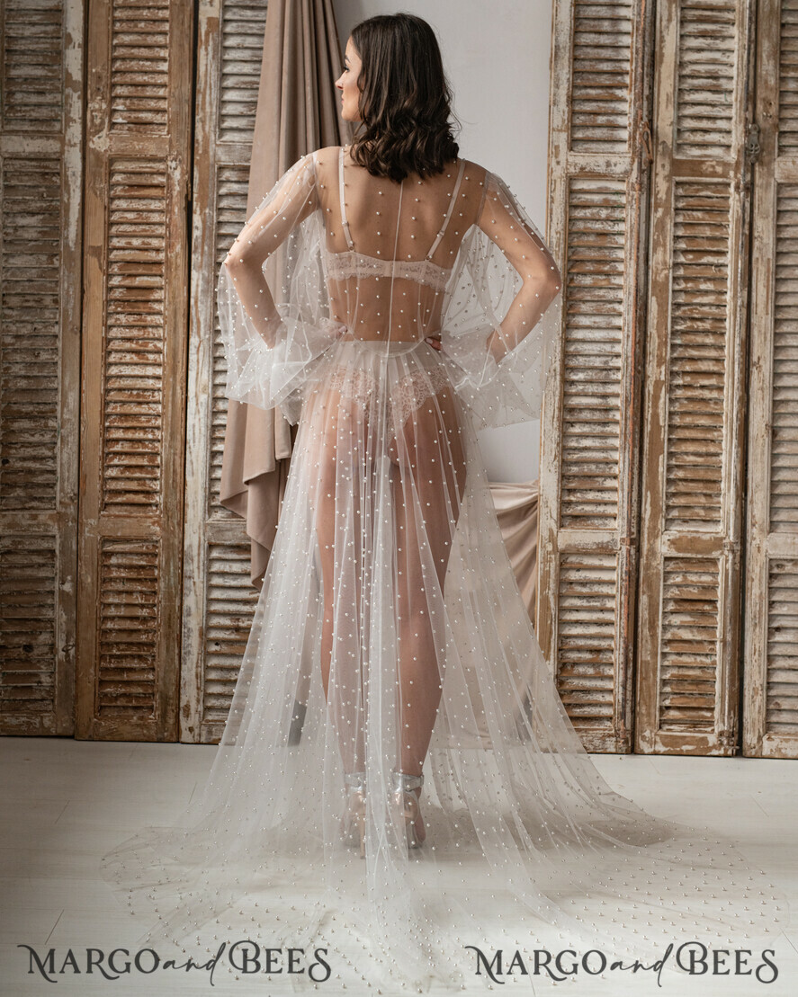 BRIDE bolero, robes, garter Bridal Robes White Tulle with pearls Long Bridal robe for wedding, Tulle Beaded Robe wide sleeves, Mesh Pearls Bride robe Long white robe, boudoir robe Dressing gown Bridesmaid gift
