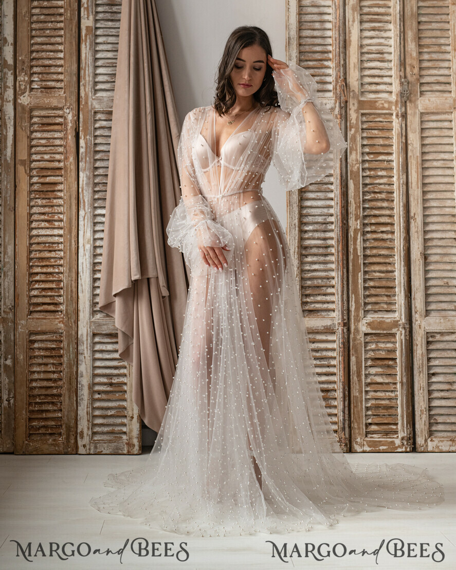 BRIDE bolero, robes, garter Bridal Robes White Tulle with pearls Long Bridal robe for wedding, Tulle Beaded Robe wide sleeves, Mesh Pearls Bride robe Long white robe, boudoir robe Dressing gown Bridesmaid gift