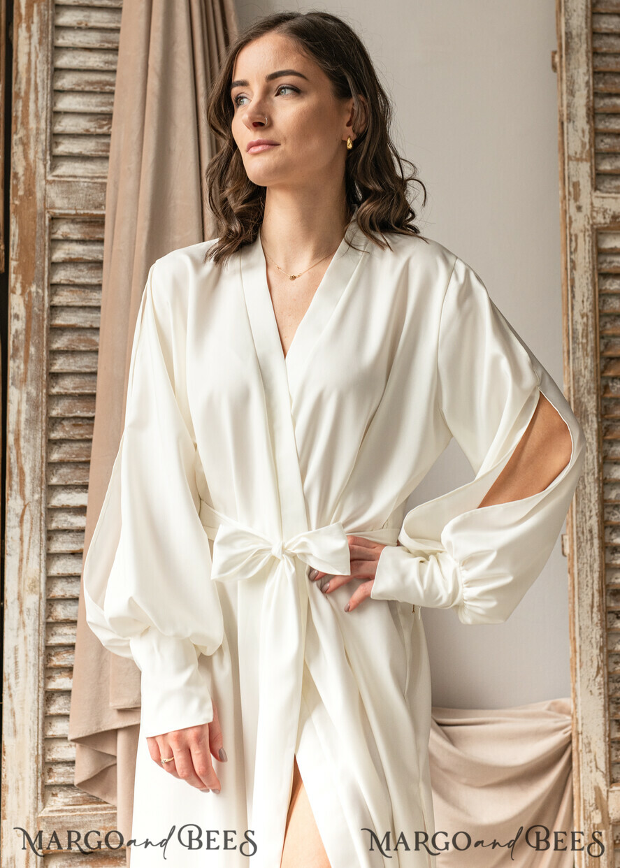 BRIDE bolero, robes, garter Bridal Robes Bridal robe for wedding with bishop sleeves Bride robe Long white or Ivory robe Satin silk boudoir robe Dressing gown