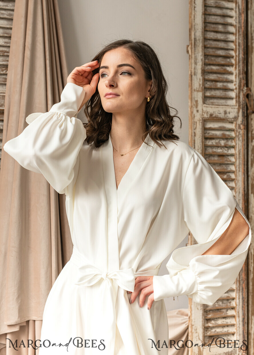 BRIDE bolero, robes, garter Bridal Robes Bridal robe for wedding with bishop sleeves Bride robe Long white or Ivory robe Satin silk boudoir robe Dressing gown